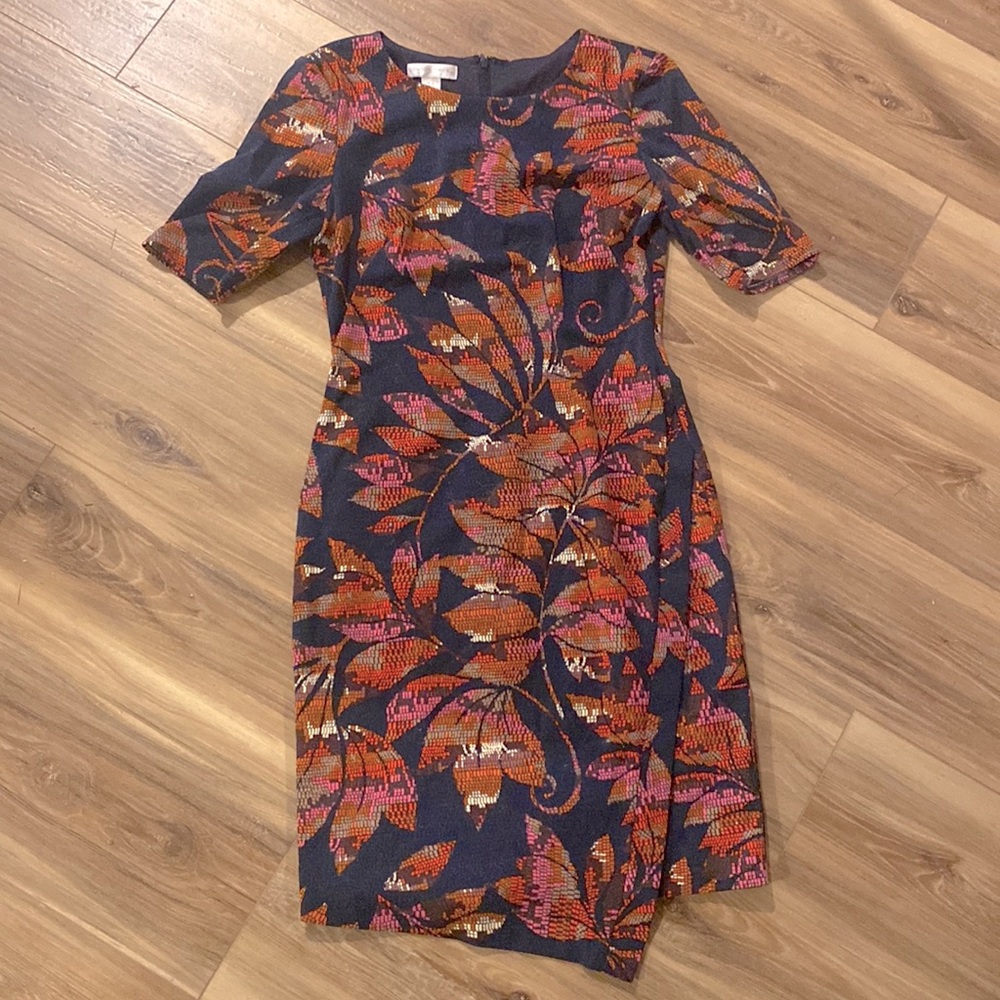 London Times 3/4 Sleeve Printed Knit Dress with Asymmetrical Hem